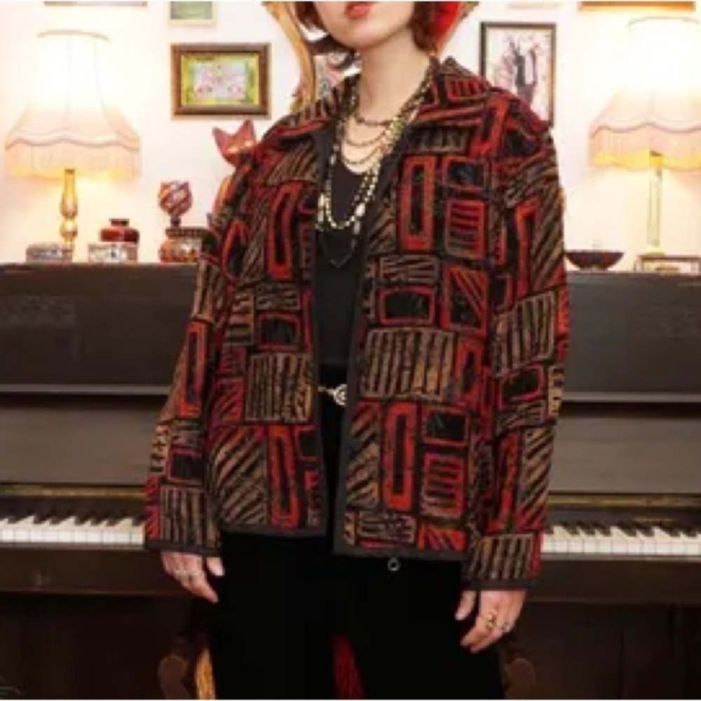 VINTAGE '9OS CHENILLE REVERSIBLE TAPESTRY/JACQUARD BLCK JACKET Size Petite M